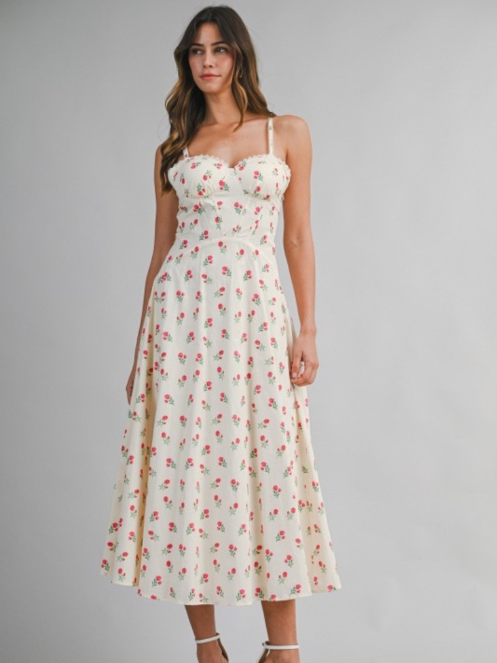 Floral Printed Lace Trim Back Lace Up Midi Dress